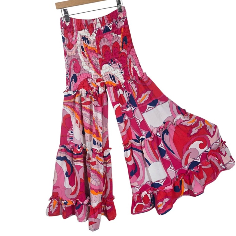 Banjul Wide Leg Pants Womens Small Pink Boho 70s Retro Ruffle Tiered Smocked